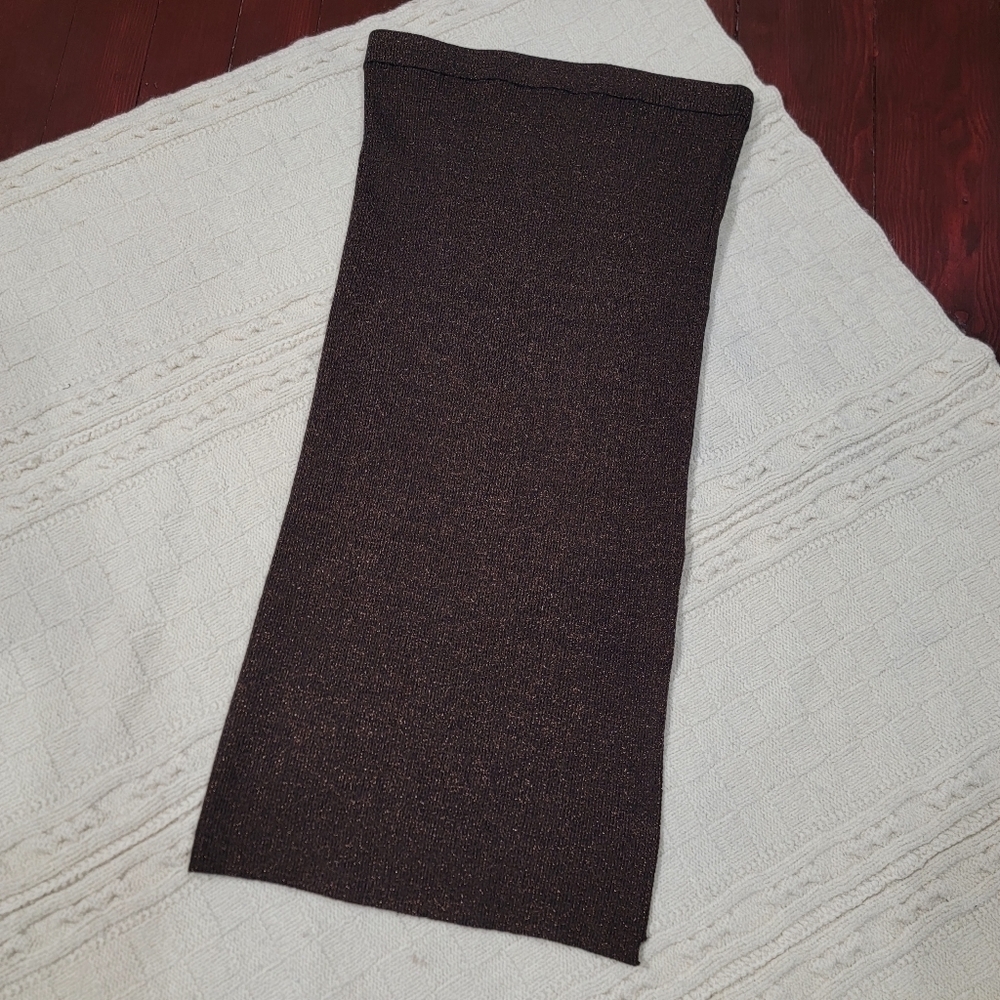 House of Harlow 1960 Bronze Black Ribbed Metallic Knit Midi Skirt Side Slit L - Picture 2 of 8